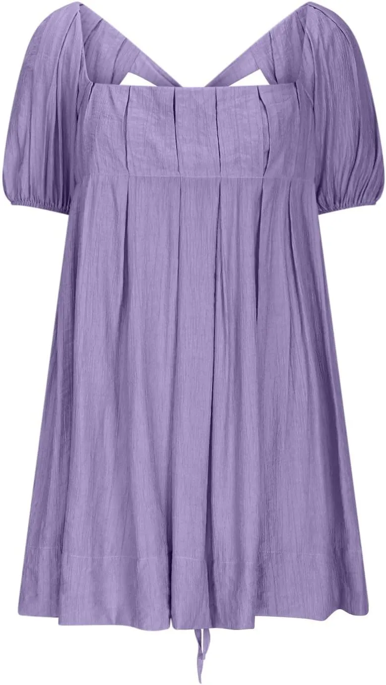 Babydoll Dresses for Women 2025 Cute Puff Short Sleeve Square Neck Tshirt Dress High Waist A Line Dress Mini Dresses