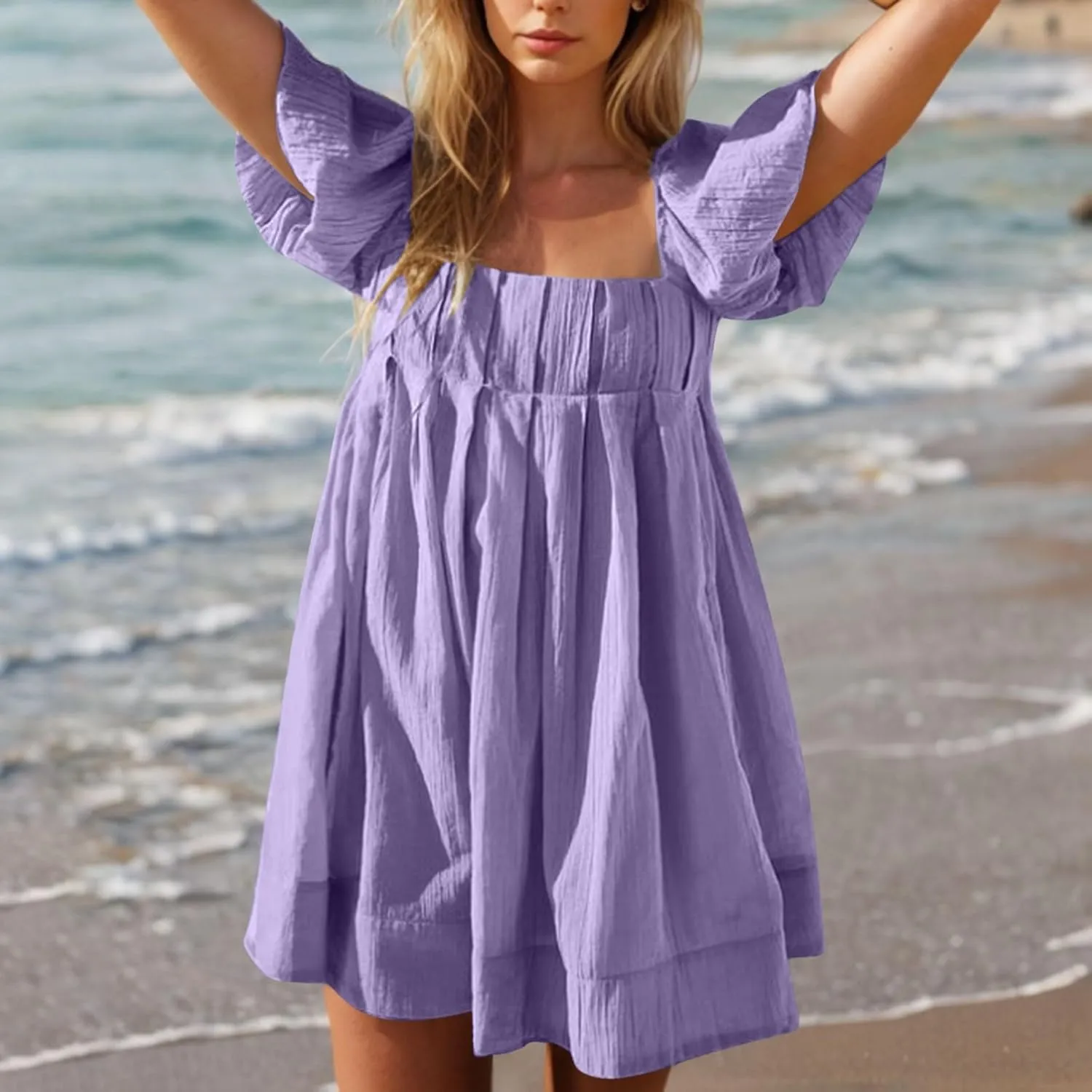 Babydoll Dresses for Women 2025 Cute Puff Short Sleeve Square Neck Tshirt Dress High Waist A Line Dress Mini Dresses