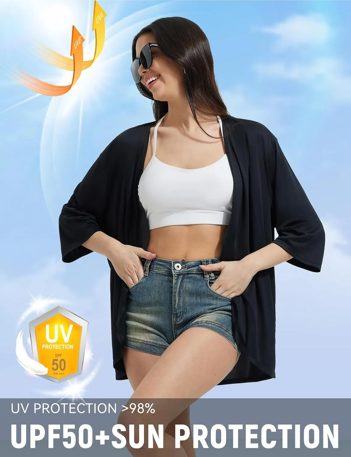 baleaf Women's Beach Cover Up UPF 50  2025 Lightweight Cardigan 3/4 Sleeve Sun Shirts SPF Sun Wrap with Pocket