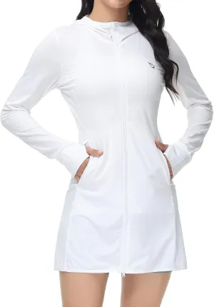 baleaf Women's Long Sleeve Zip Beach Coverup UPF 50  Sun Protection Hooded Cover Up Shirt Dress with Pockets