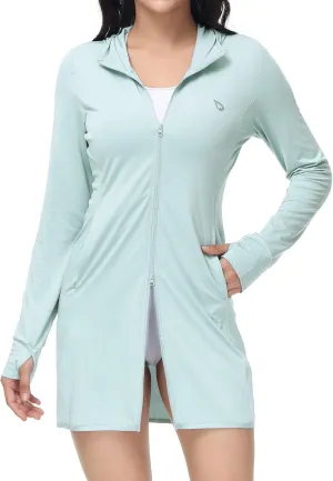 baleaf Women's Long Sleeve Zip Beach Coverup UPF 50  Sun Protection Hooded Cover Up Shirt Dress with Pockets