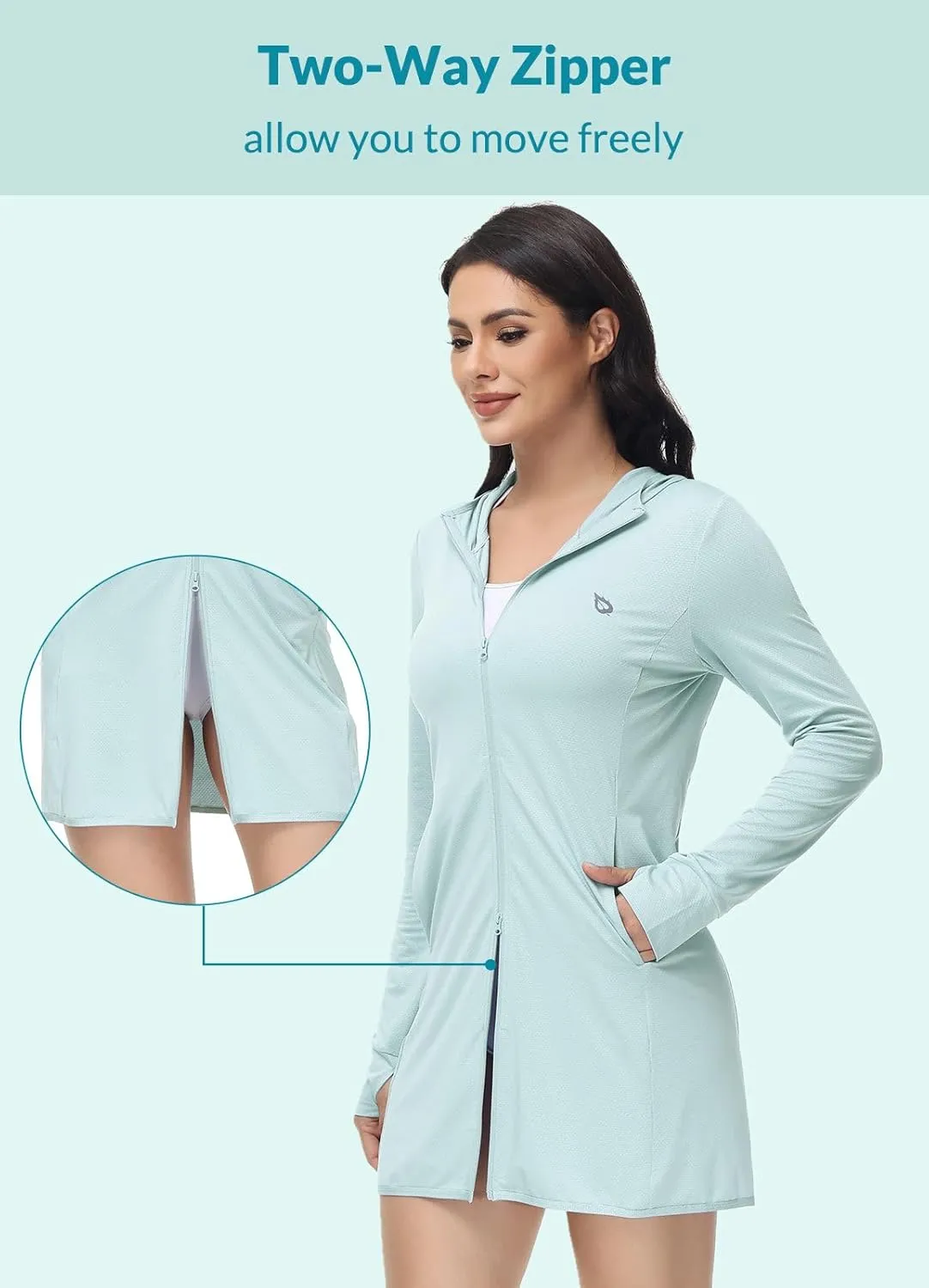baleaf Women's Long Sleeve Zip Beach Coverup UPF 50  Sun Protection Hooded Cover Up Shirt Dress with Pockets