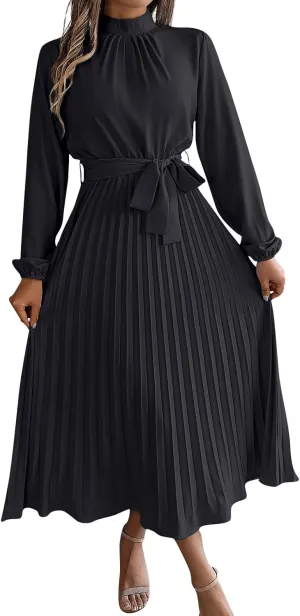 BAXLIMEK Midi Dresses for Women,2025 Spring Elegant Trendy Long Sleeve Dress Flowy Pleated A Line Vacation Dress Work Outfits
