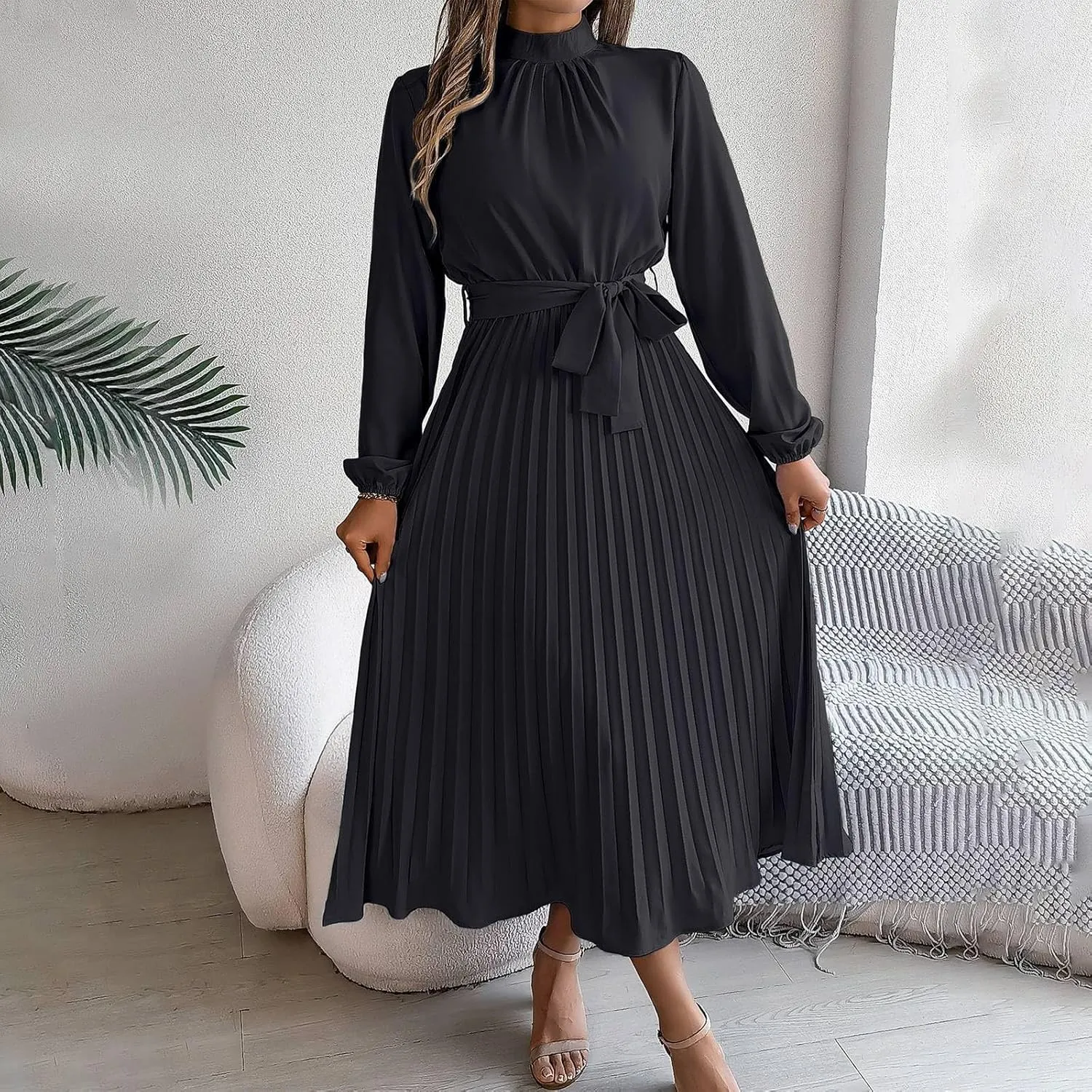 BAXLIMEK Midi Dresses for Women,2025 Spring Elegant Trendy Long Sleeve Dress Flowy Pleated A Line Vacation Dress Work Outfits