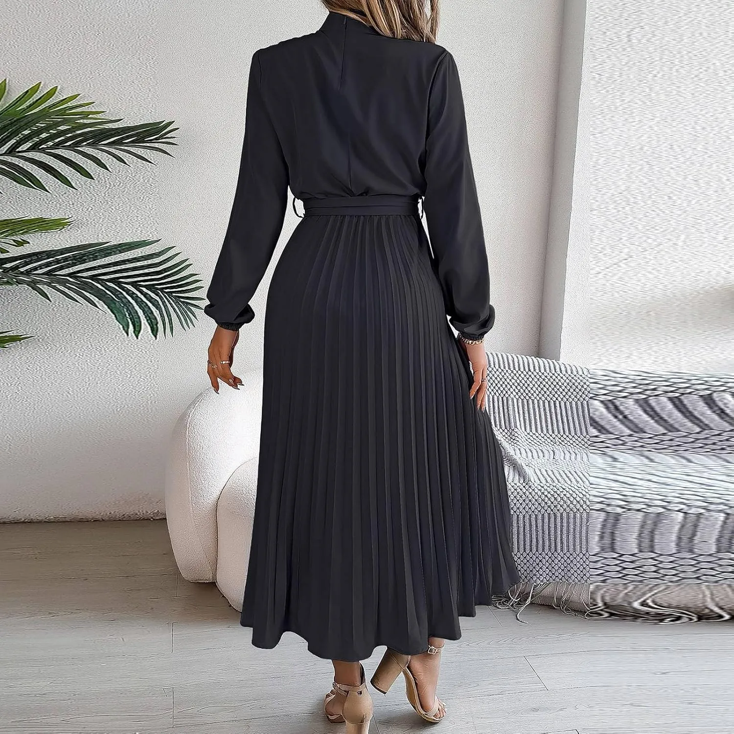 BAXLIMEK Midi Dresses for Women,2025 Spring Elegant Trendy Long Sleeve Dress Flowy Pleated A Line Vacation Dress Work Outfits