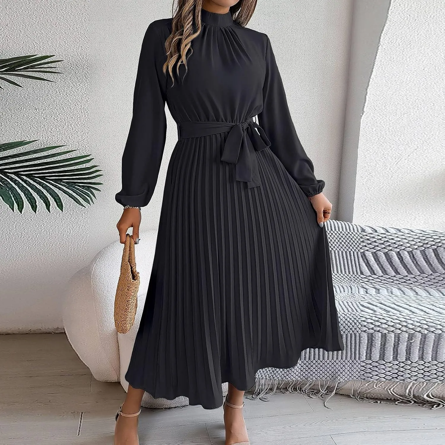 BAXLIMEK Midi Dresses for Women,2025 Spring Elegant Trendy Long Sleeve Dress Flowy Pleated A Line Vacation Dress Work Outfits