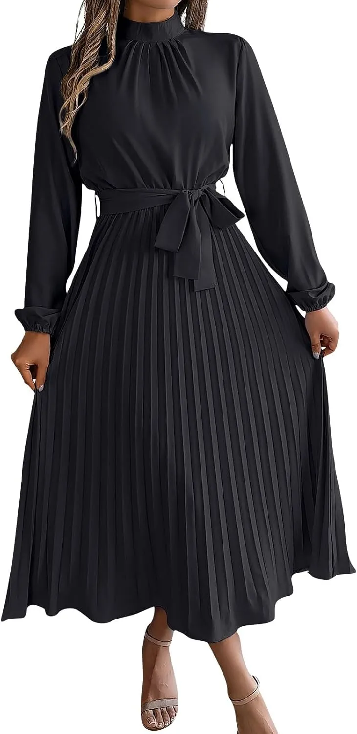 BAXLIMEK Midi Dresses for Women,2025 Spring Elegant Trendy Long Sleeve Dress Flowy Pleated A Line Vacation Dress Work Outfits