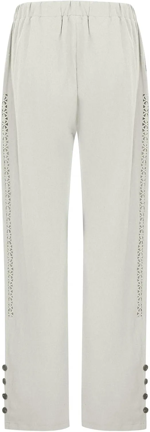 Beach Pants Women Summer Linen Capris Pants Drawstring Elastic Waisted Straight Leg Trousers with Pockets Casual Yoga Pants