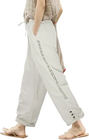 Beach Pants Women Summer Linen Capris Pants Drawstring Elastic Waisted Straight Leg Trousers with Pockets Casual Yoga Pants