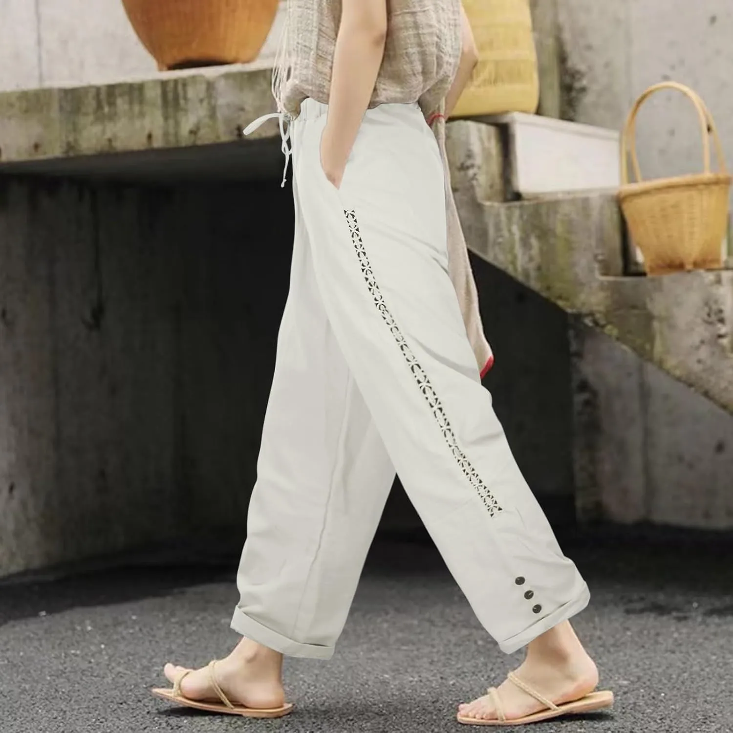 Beach Pants Women Summer Linen Capris Pants Drawstring Elastic Waisted Straight Leg Trousers with Pockets Casual Yoga Pants