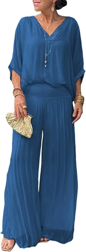 Bengbobar Women's 2 Piece Outfits Dressy Pant Suits for Women V Neck Tops and Long Chiffon Wide Leg Palazzo Pant Sets