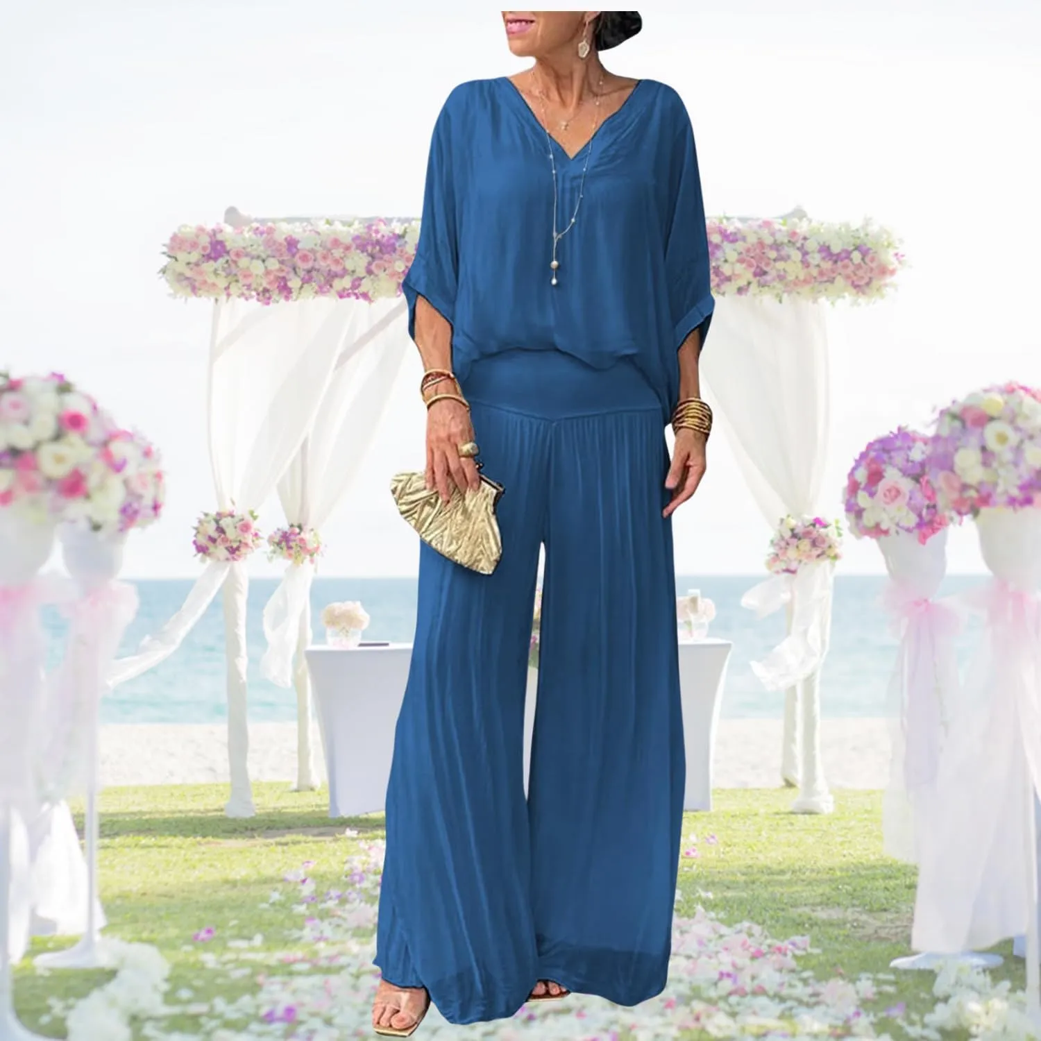 Bengbobar Women's 2 Piece Outfits Dressy Pant Suits for Women V Neck Tops and Long Chiffon Wide Leg Palazzo Pant Sets