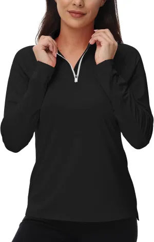 BGOWATU Women's Long Sleeve Golf Polo Shirts Quarter Zip Pullover UPF 50 Sun Shirt for Women Dry Fit Running Tops