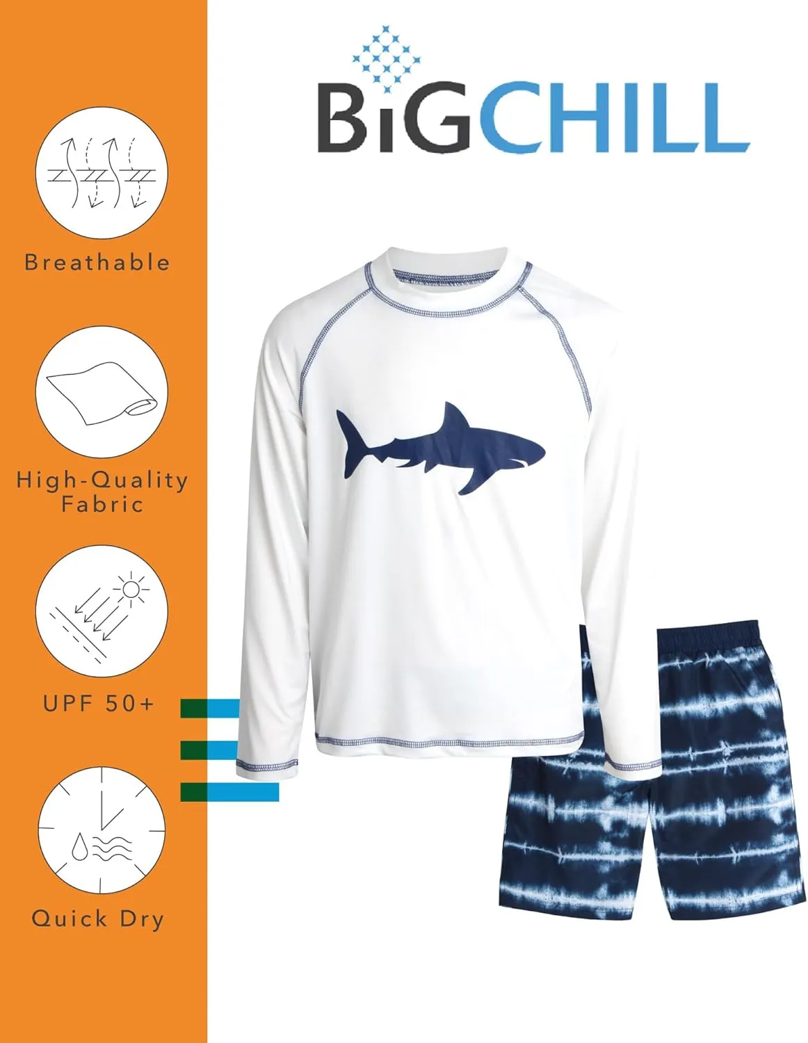 Big Chill Boys Rash Guard Set - 4 Piece UPF 50  Quick Dry Long Sleeve Swim Shirts and Trunks Set for Boys (Sizes: 4-14)