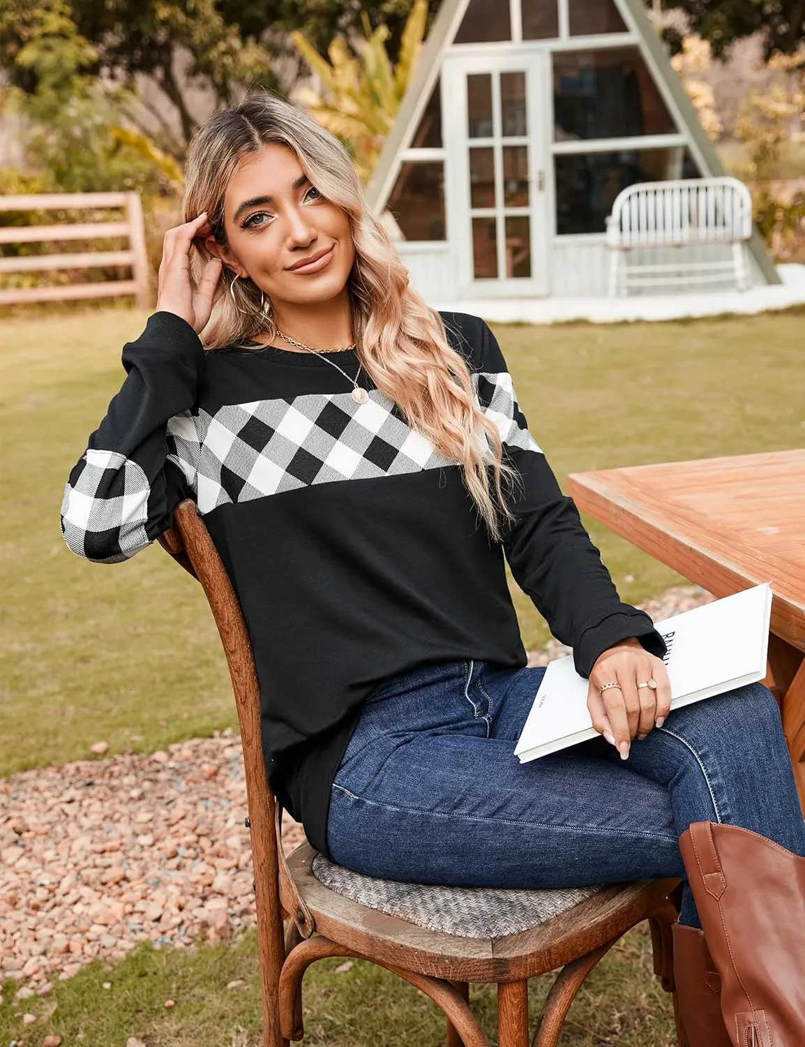 Blooming Jelly Women's Color Block Plaid Shirt Crewneck Sweatshirt Elbow Patches Pullover Sweatshirt Top