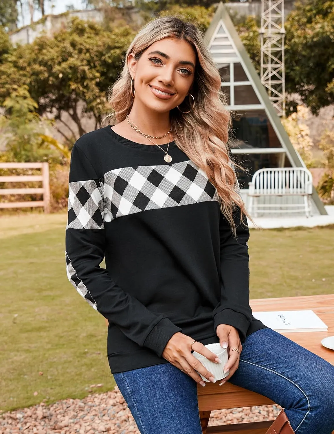 Blooming Jelly Women's Color Block Plaid Shirt Crewneck Sweatshirt Elbow Patches Pullover Sweatshirt Top