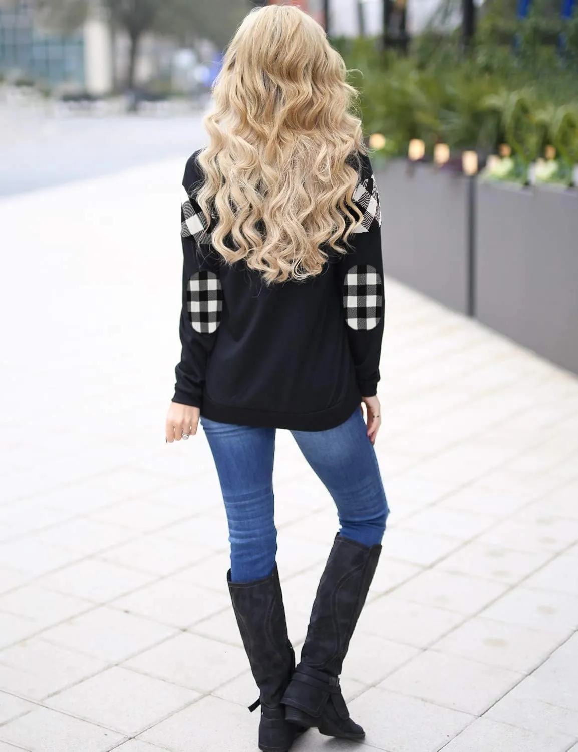 Blooming Jelly Women's Color Block Plaid Shirt Crewneck Sweatshirt Elbow Patches Pullover Sweatshirt Top