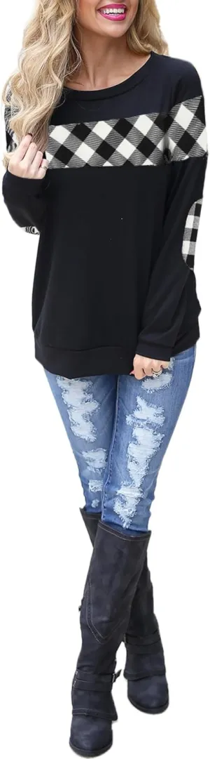 Blooming Jelly Women's Color Block Plaid Shirt Crewneck Sweatshirt Elbow Patches Pullover Sweatshirt Top