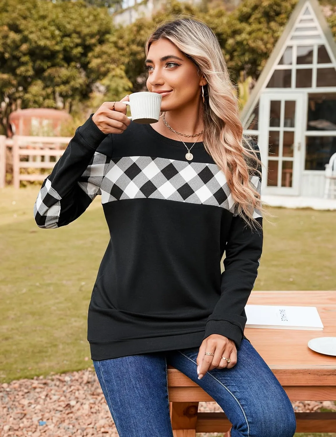 Blooming Jelly Women's Color Block Plaid Shirt Crewneck Sweatshirt Elbow Patches Pullover Sweatshirt Top