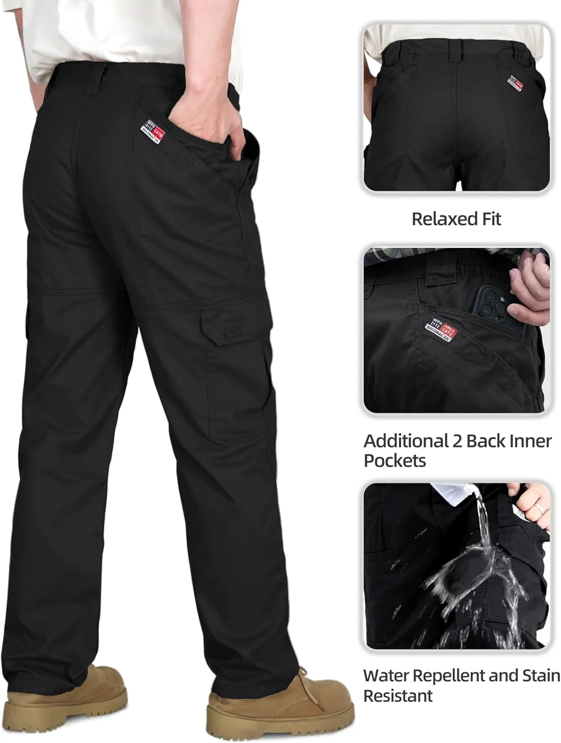 BOCOMAL FR Pants for Men Double Front Flame Resistant Cargo 10 Multi-Pockets Elastic Waist Work Pants