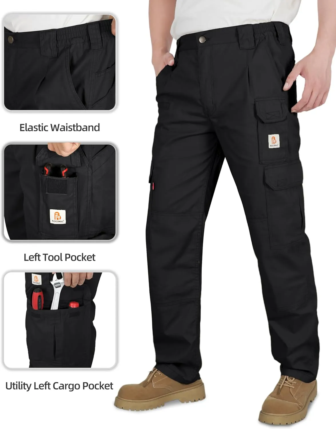 BOCOMAL FR Pants for Men Double Front Flame Resistant Cargo 10 Multi-Pockets Elastic Waist Work Pants