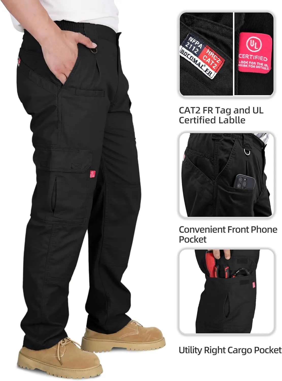 BOCOMAL FR Pants for Men Double Front Flame Resistant Cargo 10 Multi-Pockets Elastic Waist Work Pants