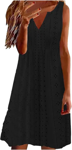 Boho Spring Dress for Women, Elegant V Neck Lace Midi Dress Hollow Out Sleeveless Plus Size Shirts Tank Dresses S-5Xl Black