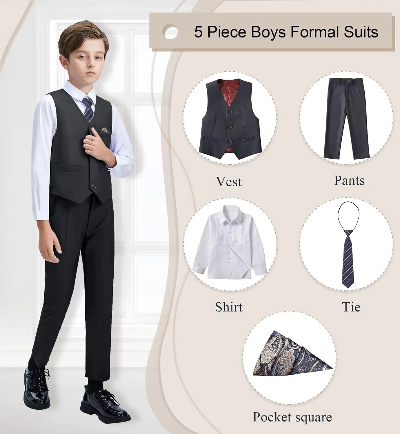 Boys Suit Formal Dress Pants Vest Suit Set for Boys Wedding Outfits with Dress Shirt Tie and Pocket Square
