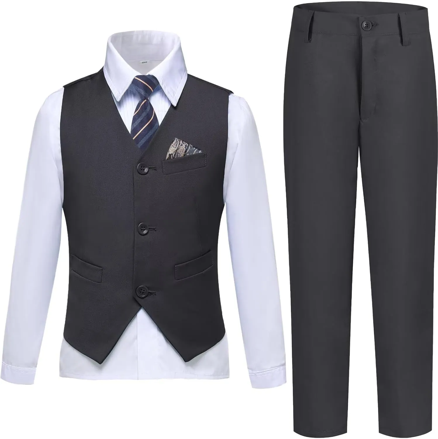 Boys Suit Formal Dress Pants Vest Suit Set for Boys Wedding Outfits with Dress Shirt Tie and Pocket Square