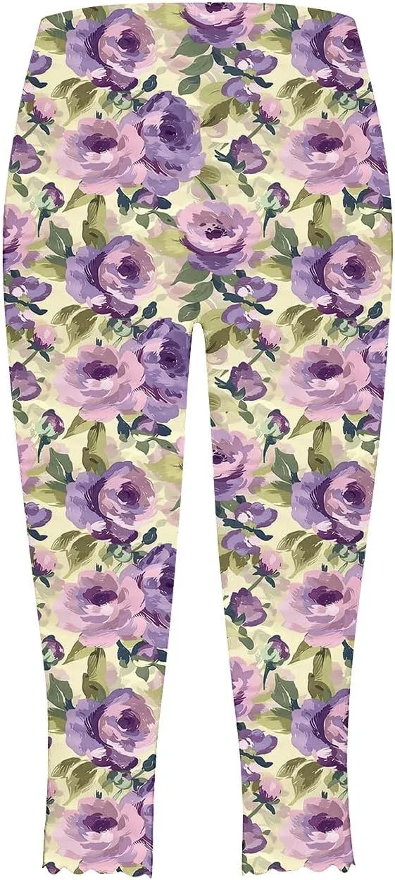 Capri Leggings for Women Floral Print High Waist Capris Tummy Control Knee Length Slim Fit Yoga Cropped Trousers