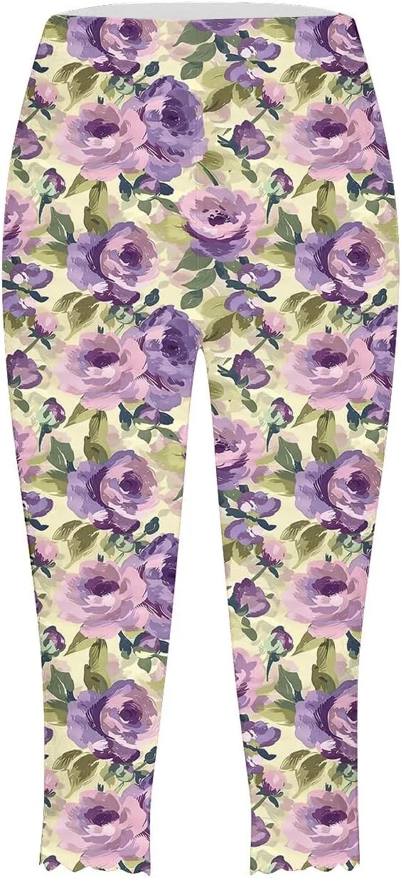 Capri Leggings for Women Floral Print High Waist Capris Tummy Control Knee Length Slim Fit Yoga Cropped Trousers