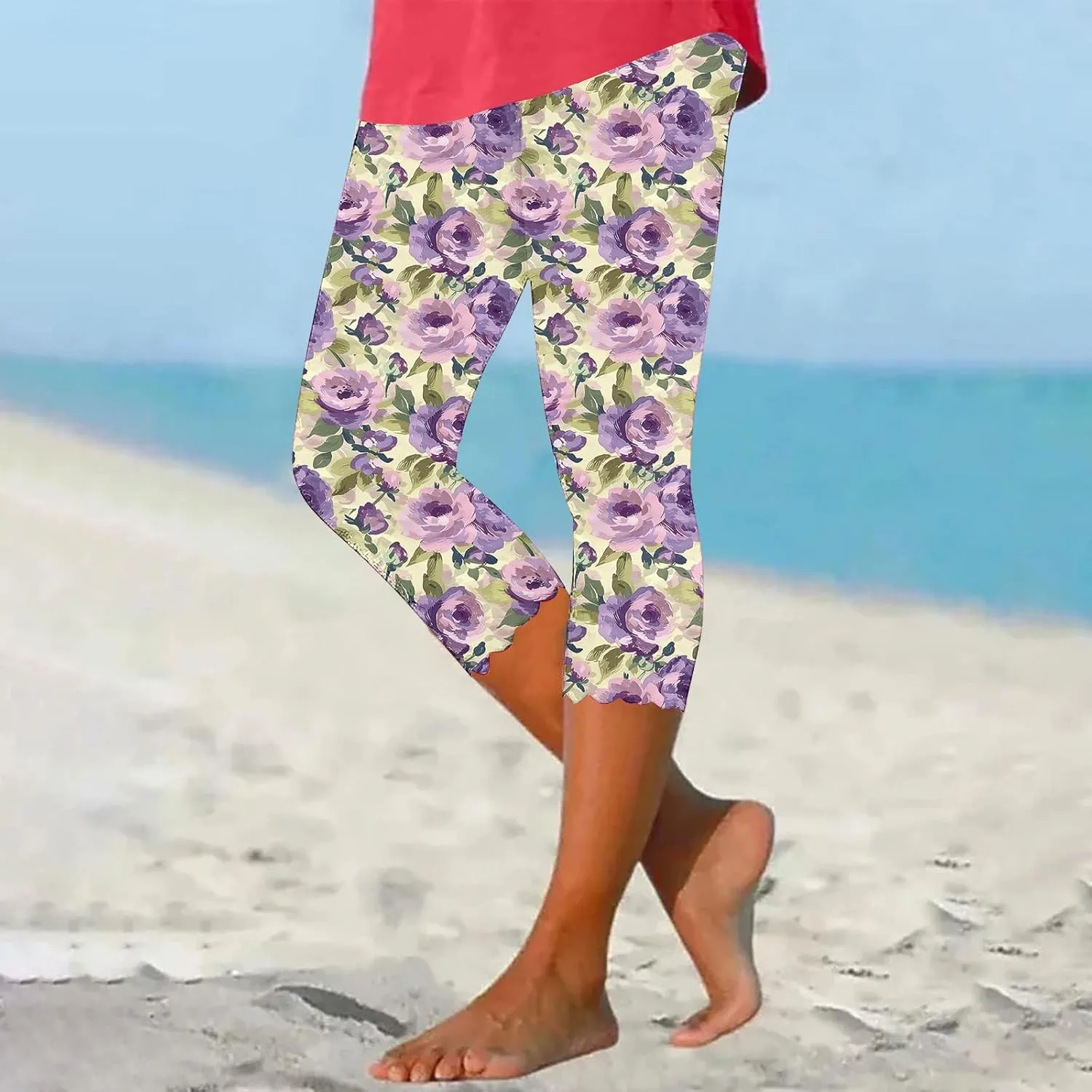 Capri Leggings for Women Floral Print High Waist Capris Tummy Control Knee Length Slim Fit Yoga Cropped Trousers