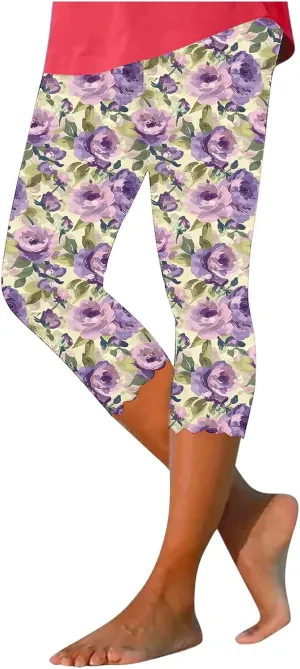 Capri Leggings for Women Floral Print High Waist Capris Tummy Control Knee Length Slim Fit Yoga Cropped Trousers