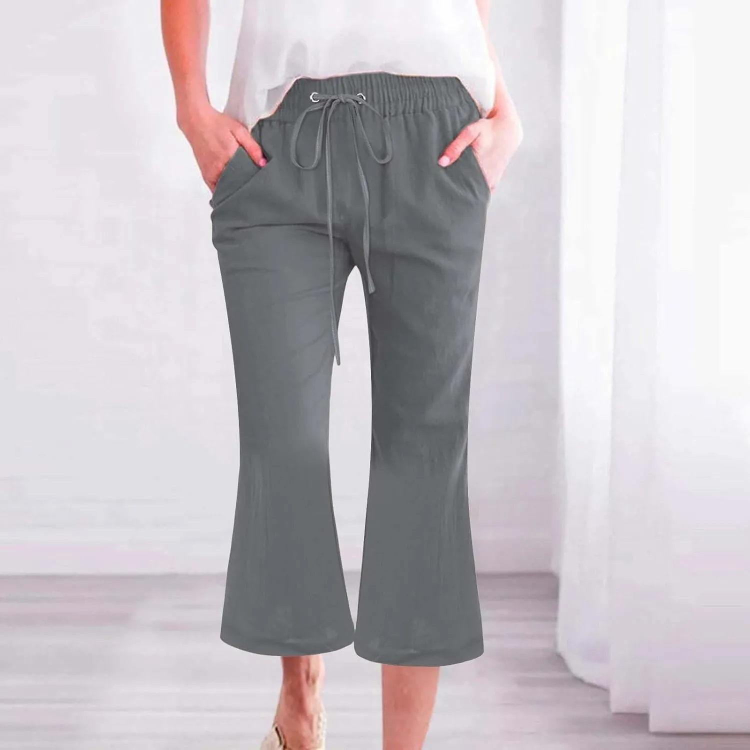 Capri Pants for Women Casual Summer Cotton Linen Capris Drawstring Elastic High Waist Pants Wide Leg Flared Trousers