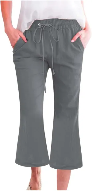 Capri Pants for Women Casual Summer Cotton Linen Capris Drawstring Elastic High Waist Pants Wide Leg Flared Trousers