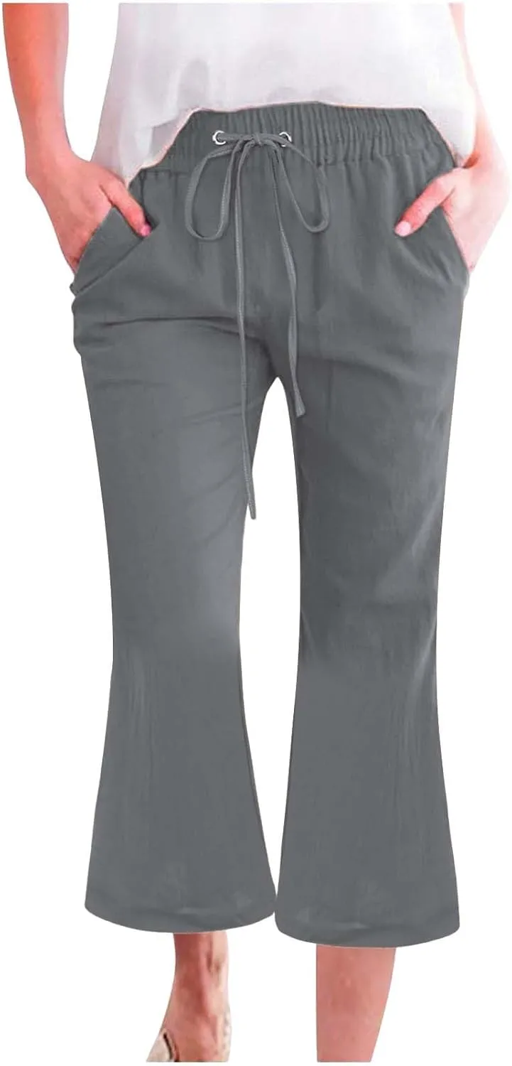 Capri Pants for Women Casual Summer Cotton Linen Capris Drawstring Elastic High Waist Pants Wide Leg Flared Trousers