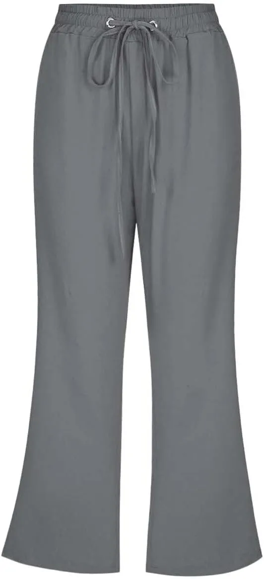 Capri Pants for Women Casual Summer Cotton Linen Capris Drawstring Elastic High Waist Pants Wide Leg Flared Trousers