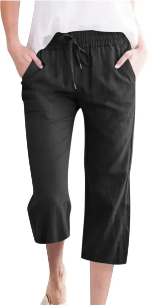 Capri Pants for Women Summer Cotton Linen High Waist Wide Leg Cropped Drawstring Elastic Casual Trouser