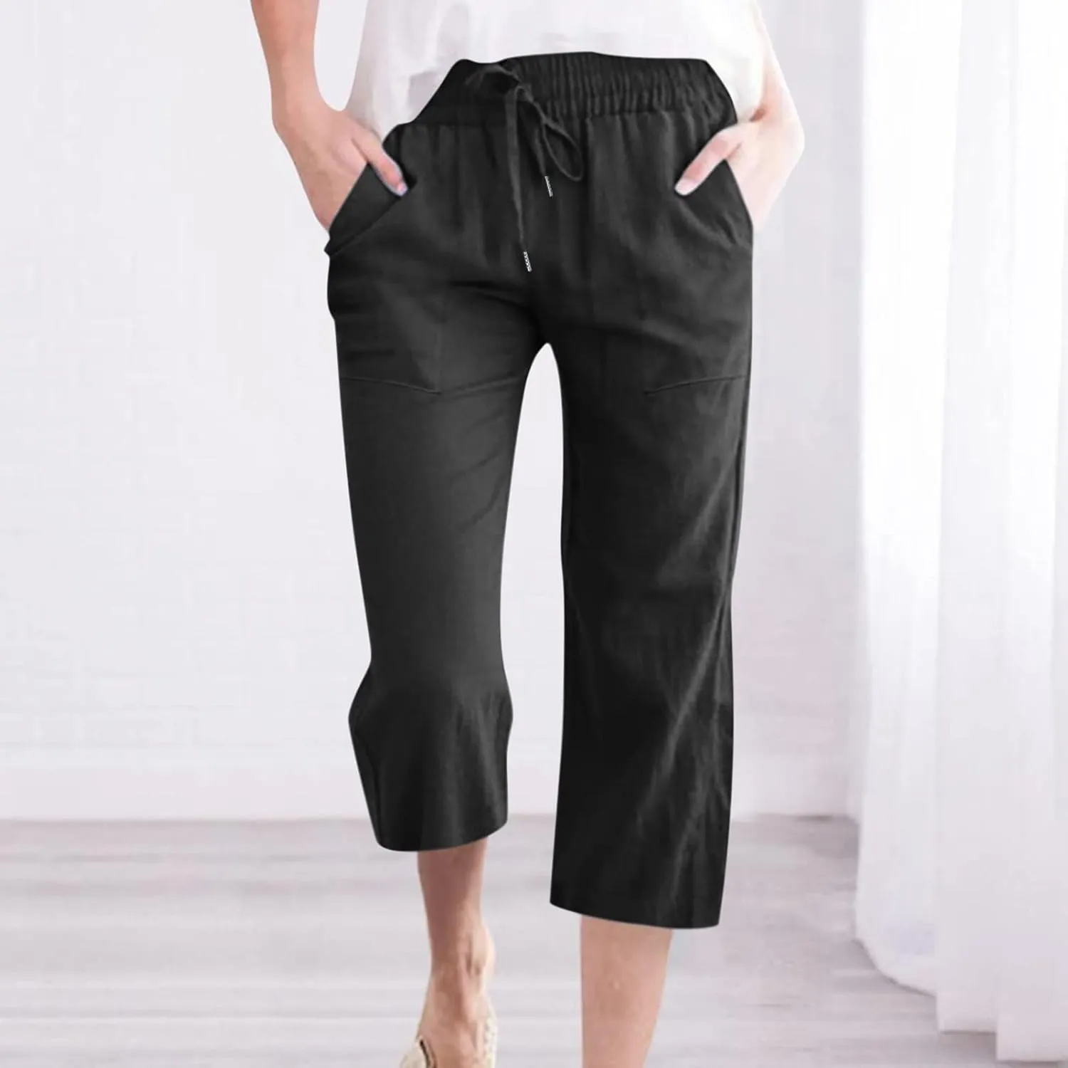 Capri Pants for Women Summer Cotton Linen High Waist Wide Leg Cropped Drawstring Elastic Casual Trouser