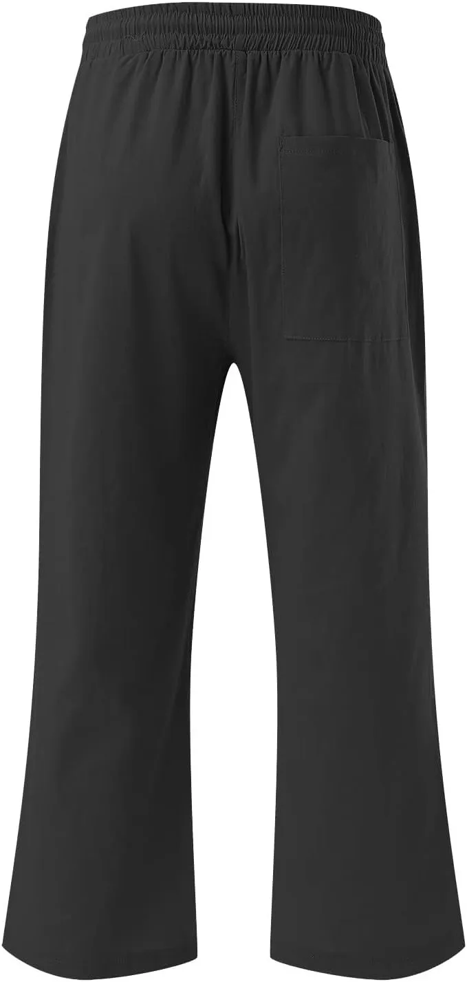 Capri Pants for Women Summer Cotton Linen High Waist Wide Leg Cropped Drawstring Elastic Casual Trouser