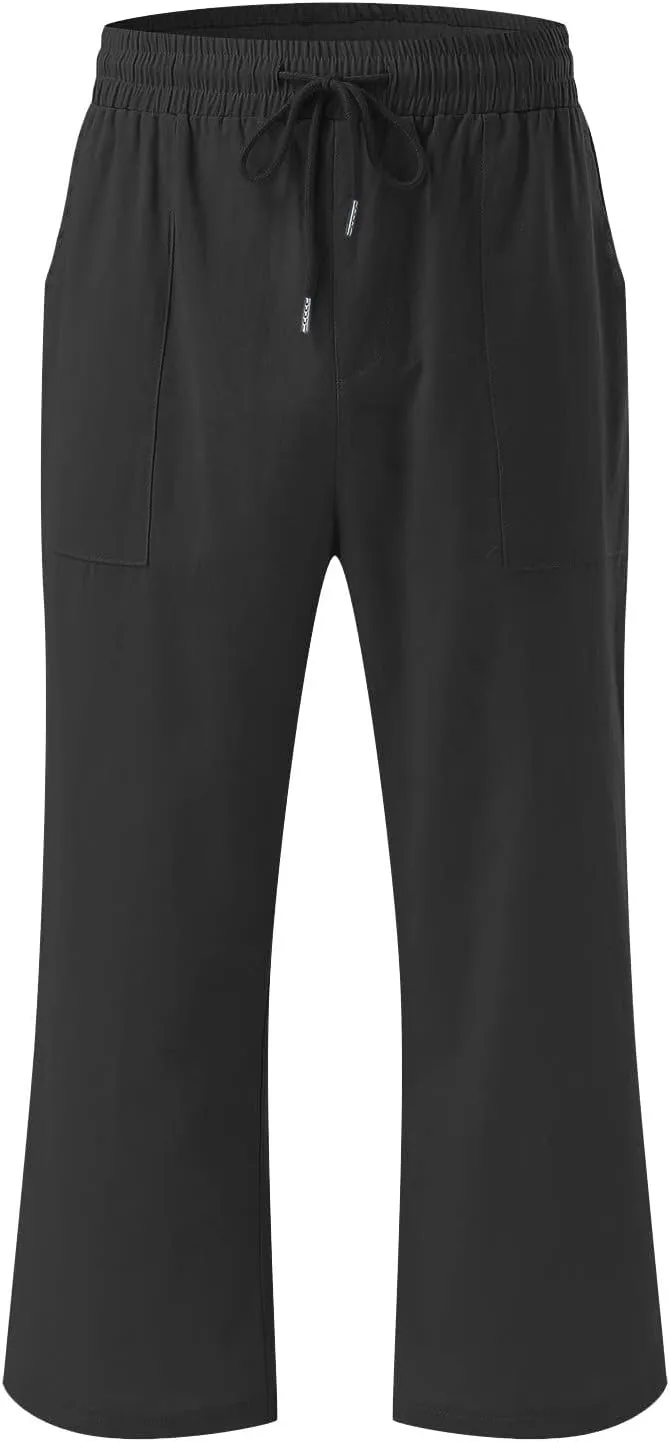 Capri Pants for Women Summer Cotton Linen High Waist Wide Leg Cropped Drawstring Elastic Casual Trouser