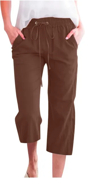 Capris Pants for Women Cotton Linen Loose Straight Wide Leg Drawstring Cropped Trousers Casual Summer Clothing 2025