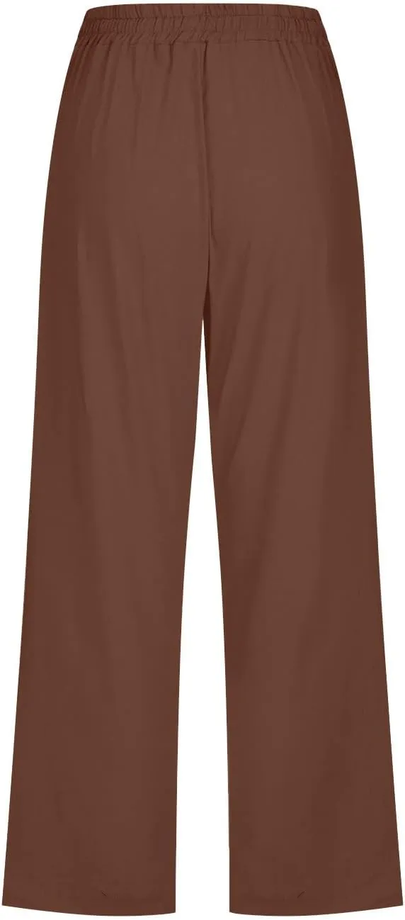 Capris Pants for Women Cotton Linen Loose Straight Wide Leg Drawstring Cropped Trousers Casual Summer Clothing 2025