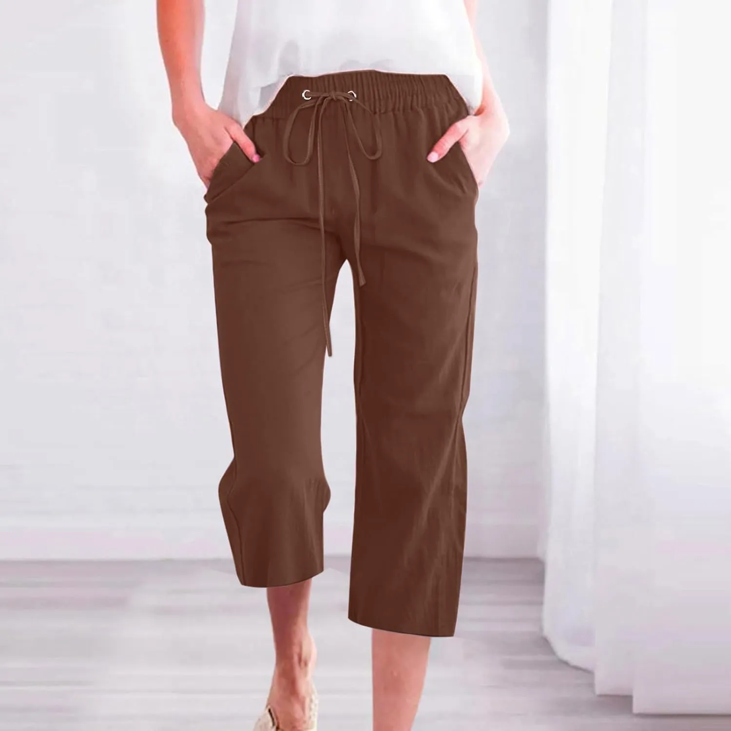 Capris Pants for Women Cotton Linen Loose Straight Wide Leg Drawstring Cropped Trousers Casual Summer Clothing 2025