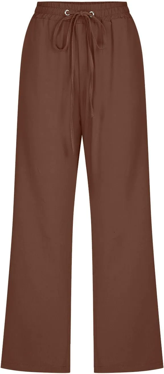 Capris Pants for Women Cotton Linen Loose Straight Wide Leg Drawstring Cropped Trousers Casual Summer Clothing 2025