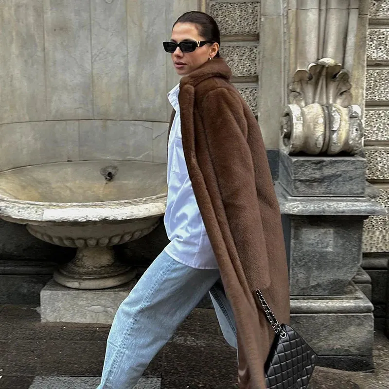 Carmen Brown Luxe Faux Fur Long Coat  Elegant Outerwear