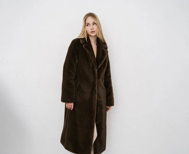 Carmen Brown Luxe Faux Fur Long Coat  Elegant Outerwear