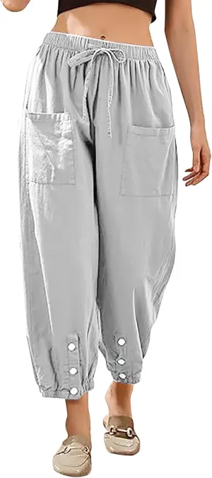Casual Baggy Harem Pants for Women Elastic High Waisted Summer Lounge Trousers Lantern Barrel Pants with Front Pocket