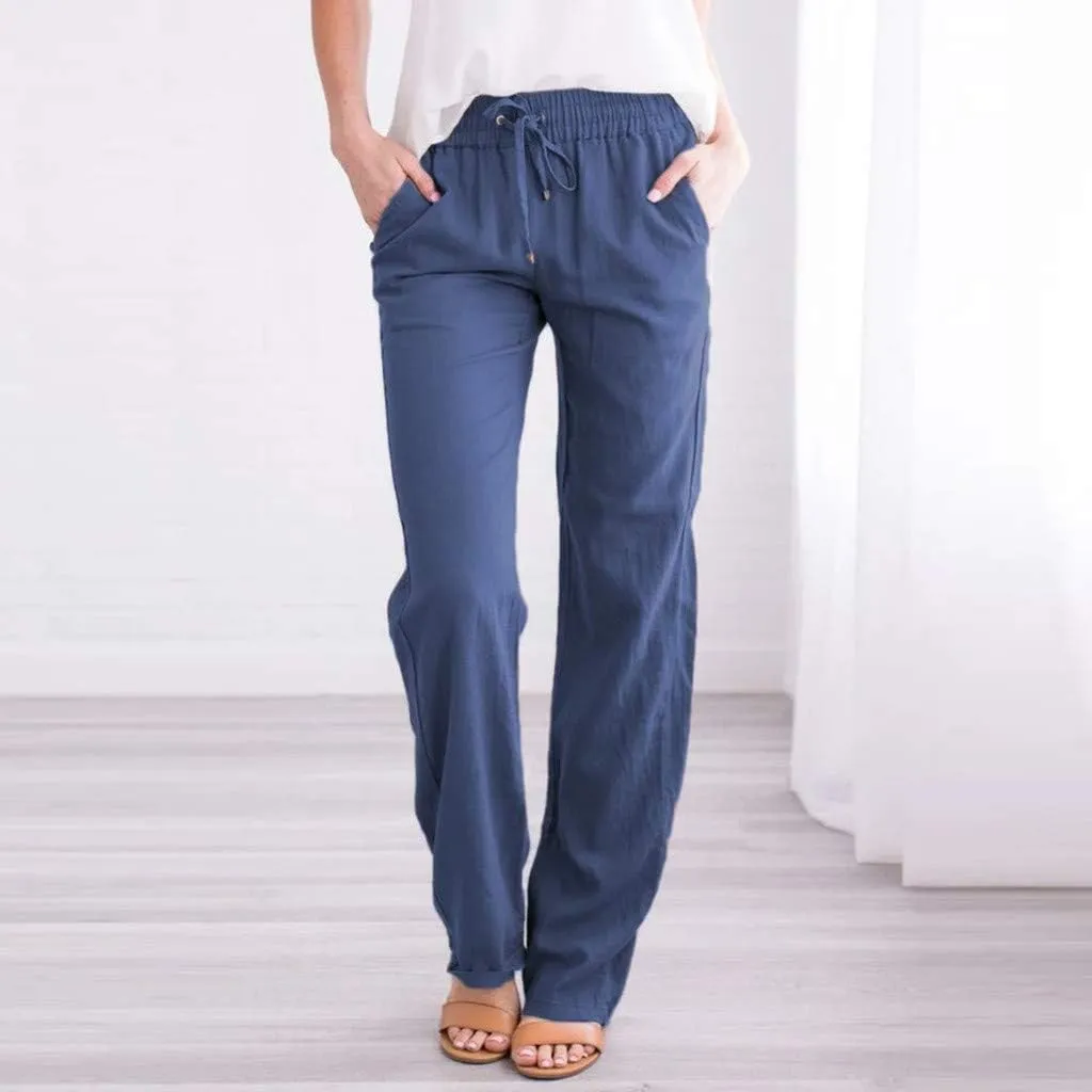 Casual Linen Pants for Women Summer Palazzo Dress Pants Wide Leg Loose Comfy Slacks with Pocket Flowy Long Trousers