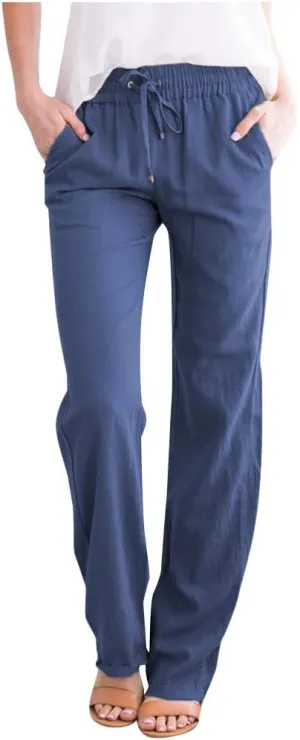 Casual Linen Pants for Women Summer Palazzo Dress Pants Wide Leg Loose Comfy Slacks with Pocket Flowy Long Trousers